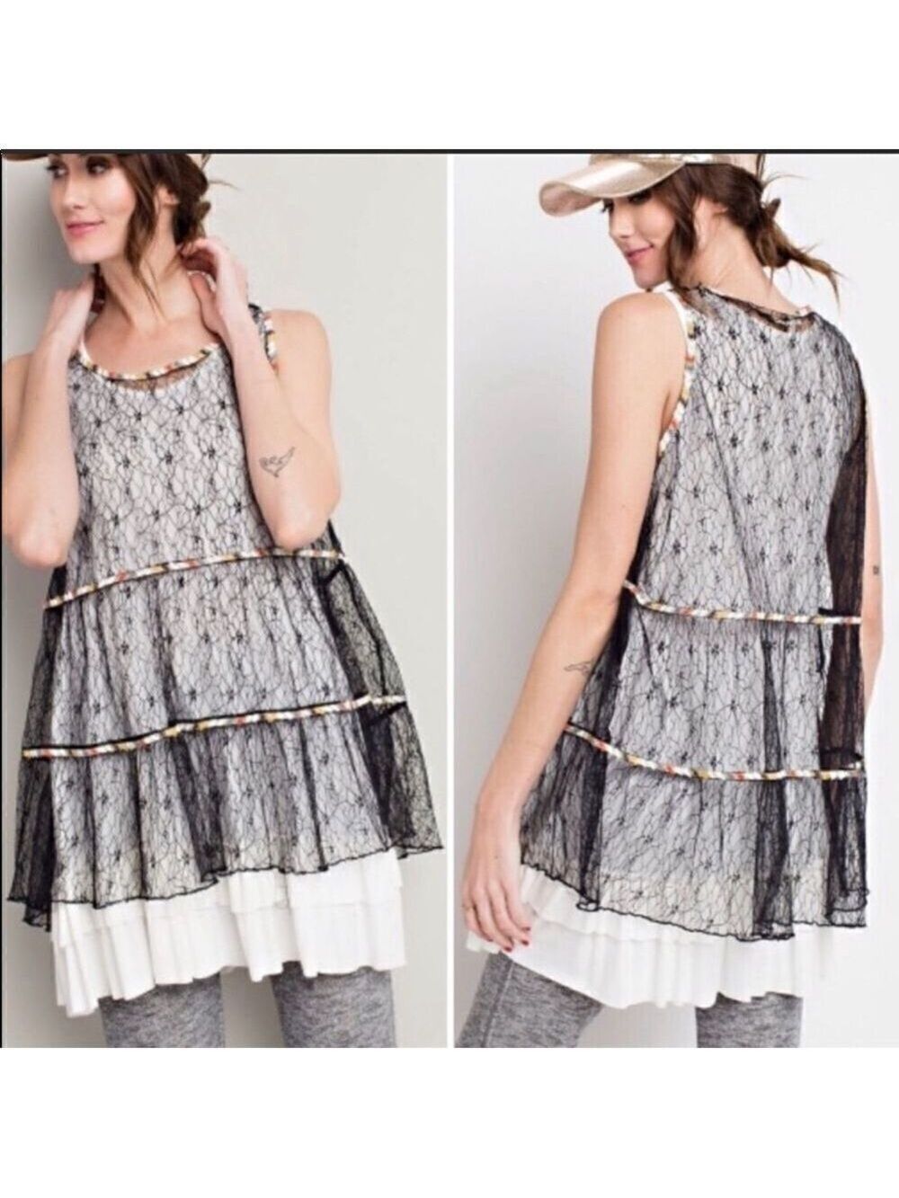 Easel Lace Multicolor Ribbon Babydoll Tank Top